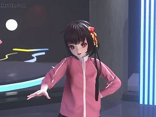 Nettes Mädchen, das im Disturb und Strümpfe tanzt + schrittweise Ausziehen (3D Hentai)